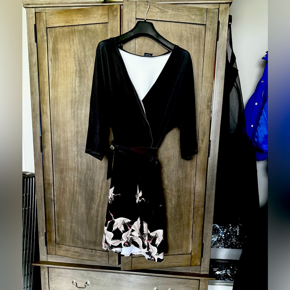 Black Wrap-Style Dress with Crane Print